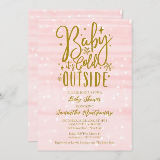 ベビー冬の女の子の赤ちゃんシャワー外が寒い 招待状 (正面/裏面)