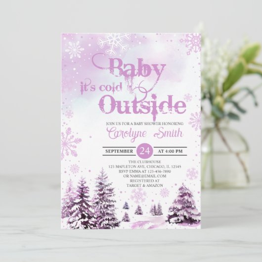 ベビー冬の女の子の赤ちゃんシャワー外が寒い 招待状 (スタンド正面)