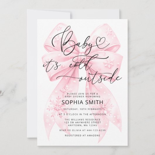 ベビー冬の女の子の赤ちゃんシャワー外が寒い 招待状 (正面)
