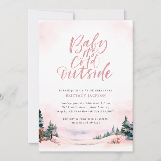 ベビー冬の女の子の赤ちゃんシャワー外が寒い 招待状 (正面)