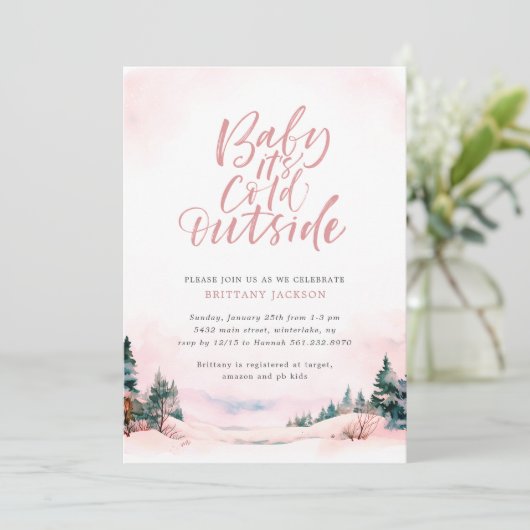 ベビー冬の女の子の赤ちゃんシャワー外が寒い 招待状 (スタンド正面)