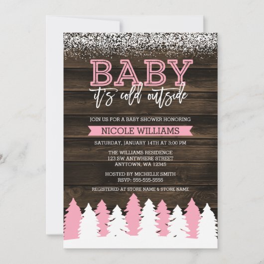 ベビー冬の女の子の赤ちゃんシャワー外が寒い 招待状 (正面)