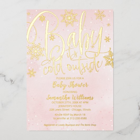 ベビー冬の女の子の赤ちゃんシャワー外が寒い 箔招待状 (正面)