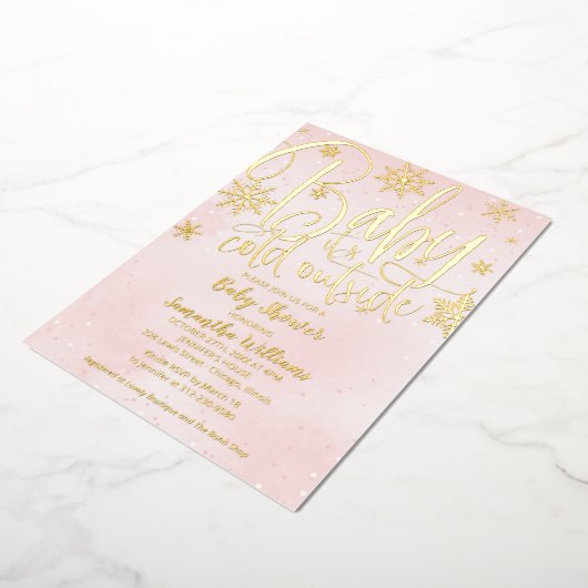 ベビー冬の女の子の赤ちゃんシャワー外が寒い 箔招待状 (回転した状態)