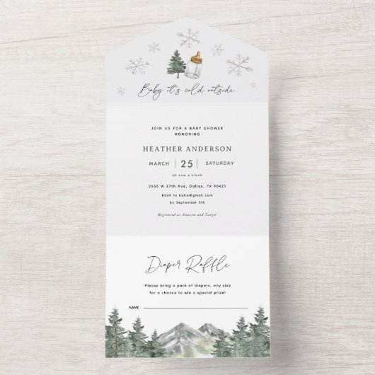 ベビー冬の山の赤ちゃんシャワー外は寒い オールインワン招待状 (内側)