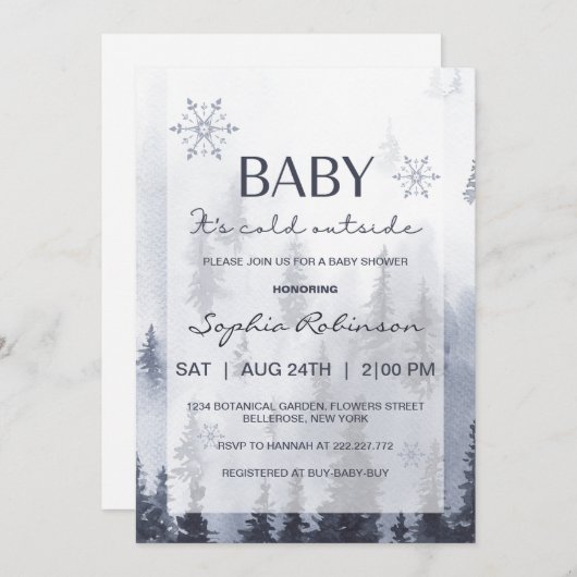 ベビー冬の山の赤ちゃんシャワー外は寒い 招待状 (正面/裏面)