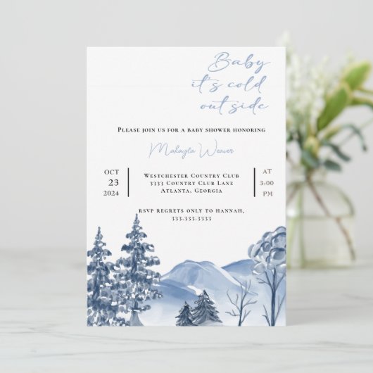 ベビー冬の山の赤ちゃんシャワー外は寒い 招待状 (スタンド正面)