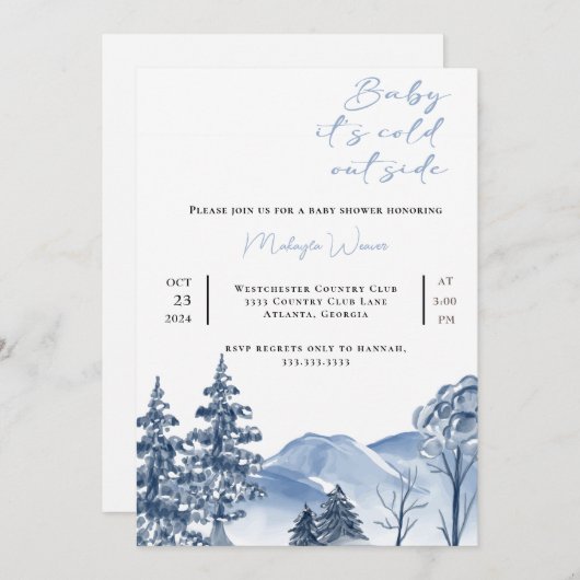 ベビー冬の山の赤ちゃんシャワー外は寒い 招待状 (正面/裏面)