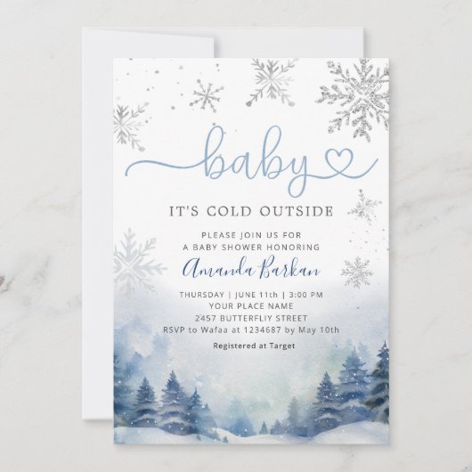 ベビー冬の山の赤ちゃんシャワー外は寒い 招待状 (正面)