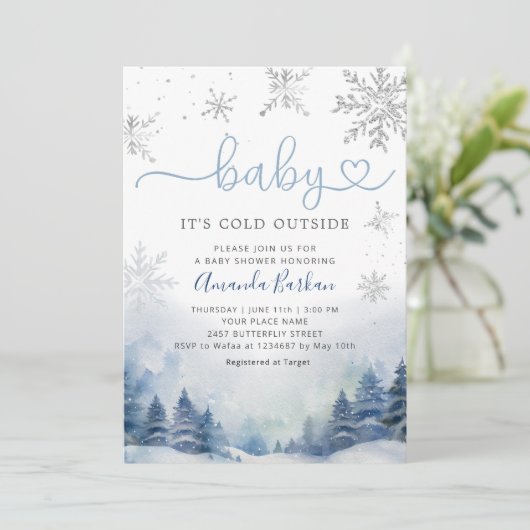 ベビー冬の山の赤ちゃんシャワー外は寒い 招待状 (スタンド正面)
