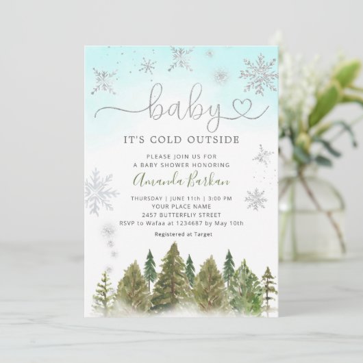 ベビー冬の山の赤ちゃんシャワー外は寒い 招待状 (スタンド正面)