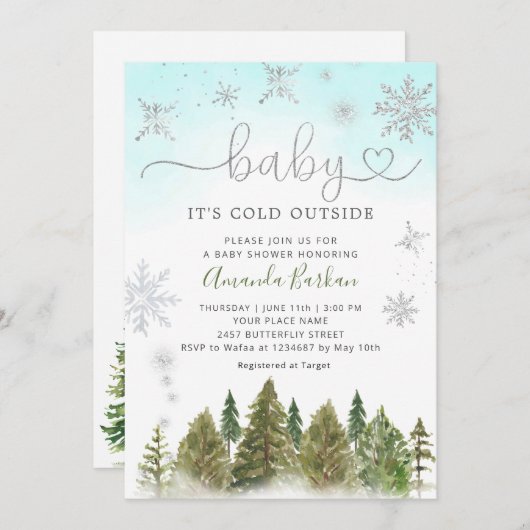 ベビー冬の山の赤ちゃんシャワー外は寒い 招待状 (正面/裏面)