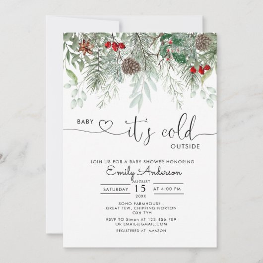 ベビー冬の常緑の松の外は寒い 招待状 (正面)