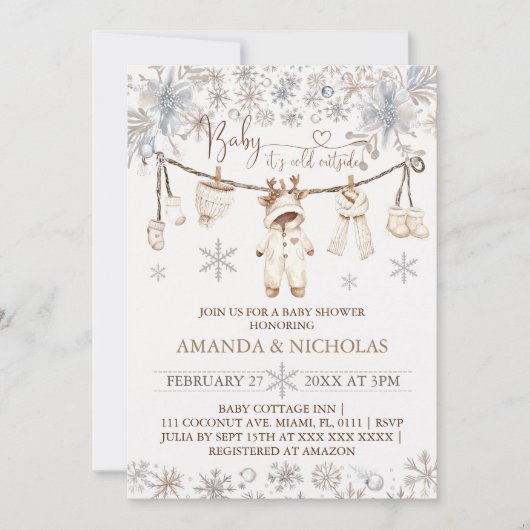 ベビー冬の服の外は寒いベビーシャワー 招待状 (正面)