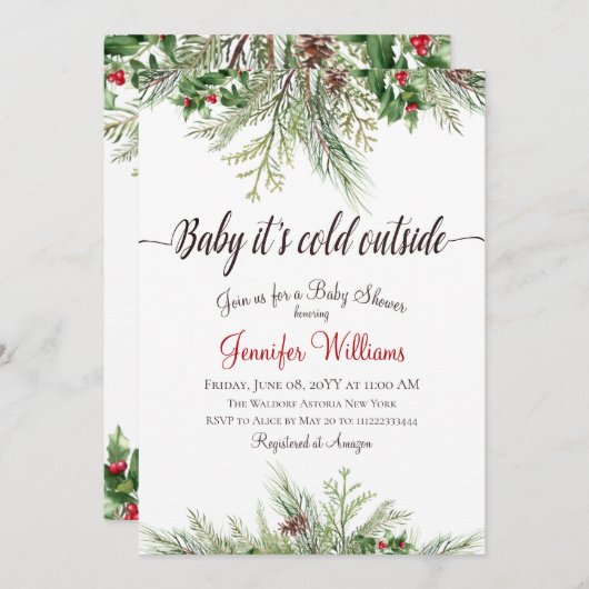ベビー冬の松の赤ちゃんシャワー外が寒い 招待状 (正面/裏面)