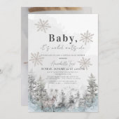 ベビー冬の森の外で寒いベビーシャワー 招待状 (正面/裏面)