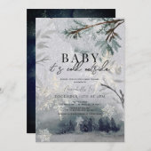 ベビー冬の森の外で寒いベビーシャワー 招待状 (正面/裏面)