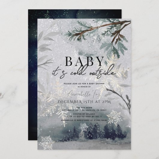 ベビー冬の森の外で寒いベビーシャワー 招待状 (正面/裏面)
