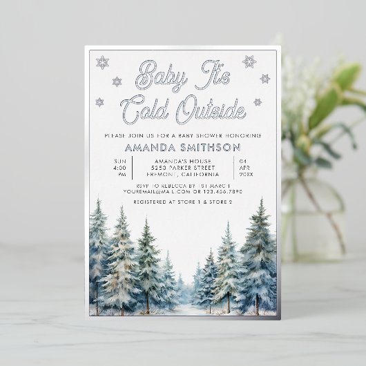 ベビー冬の森の外で寒いベビーシャワー 箔招待状