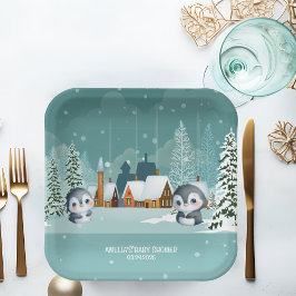 ベビー冬の森の赤ちゃんシャワー外は寒い ペーパープレート