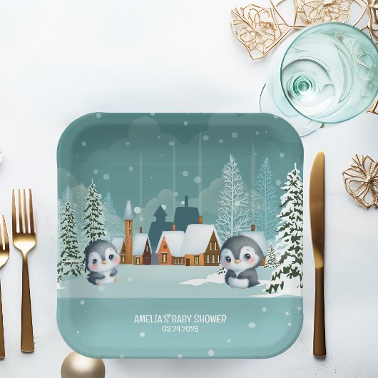 ベビー冬の森の赤ちゃんシャワー外は寒い ペーパープレート