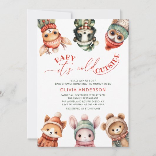 ベビー冬の森の赤ちゃんシャワー外は寒い 招待状 (正面)
