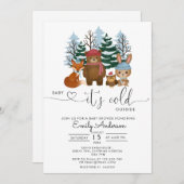 ベビー冬の森の赤ちゃんシャワー外は寒い 招待状 (正面/裏面)