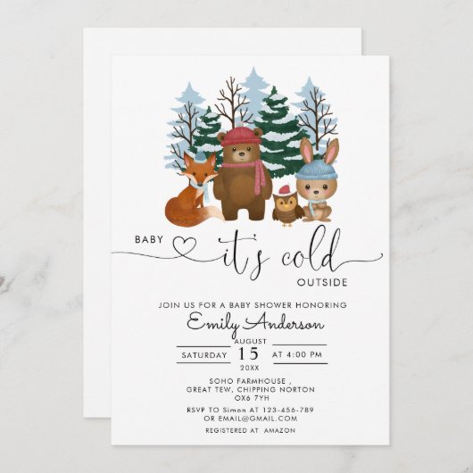 ベビー冬の森の赤ちゃんシャワー外は寒い 招待状 (正面/裏面)