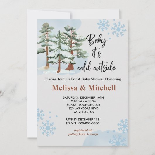 ベビー冬の森の雪の結晶の外の寒さ 招待状 (正面)