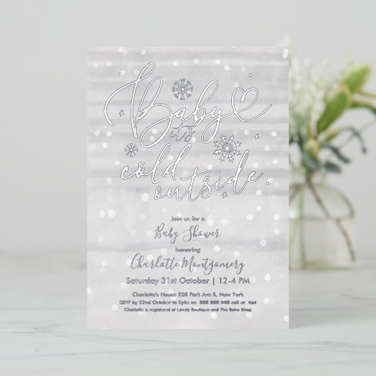 ベビー冬の灰色のベビーシャワー外は寒い 箔招待状 (立ち正面)