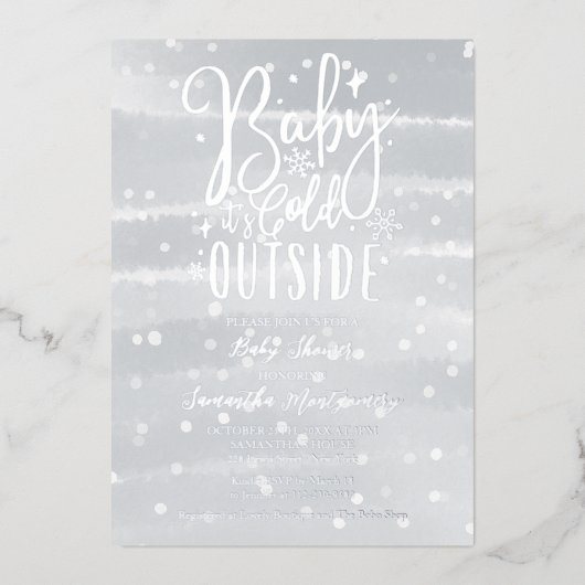 ベビー冬の灰色のベビーシャワー外は寒い 箔招待状 (正面)