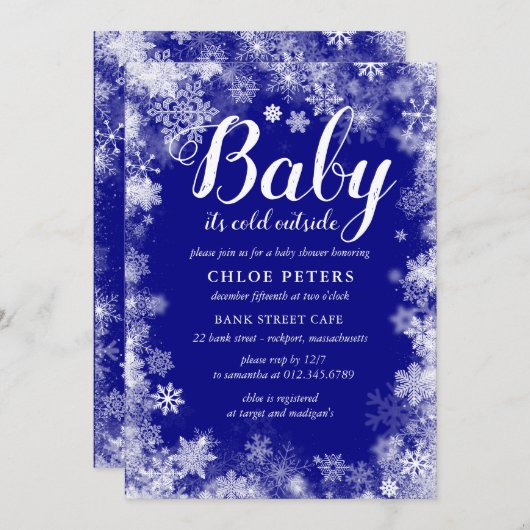 ベビー冬の男の子の赤ちゃんシャワー外が寒い 招待状 (正面/裏面)