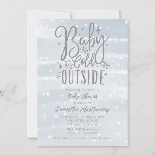 ベビー冬の男の子の赤ちゃんシャワー外が寒い 招待状 (正面)