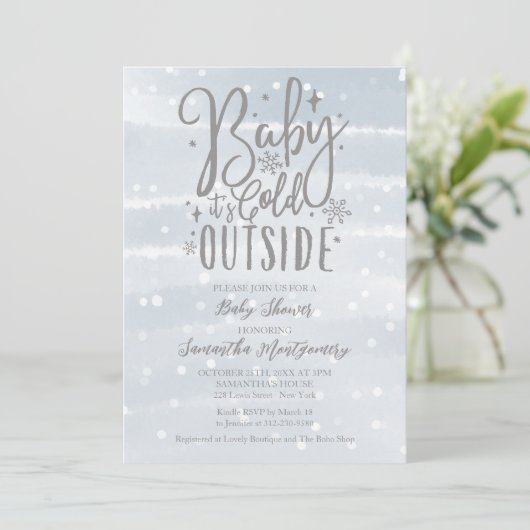 ベビー冬の男の子の赤ちゃんシャワー外が寒い 招待状 (スタンド正面)