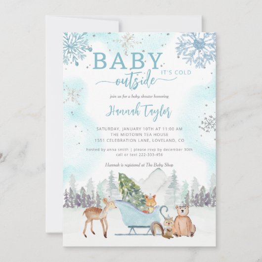 ベビー冬の男の子の赤ちゃんシャワー外が寒い 招待状 (正面)