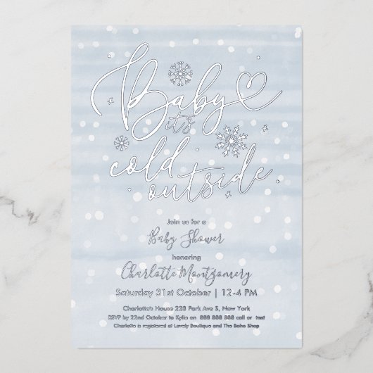 ベビー冬の男の子の赤ちゃんシャワー外が寒い 箔招待状 (正面)
