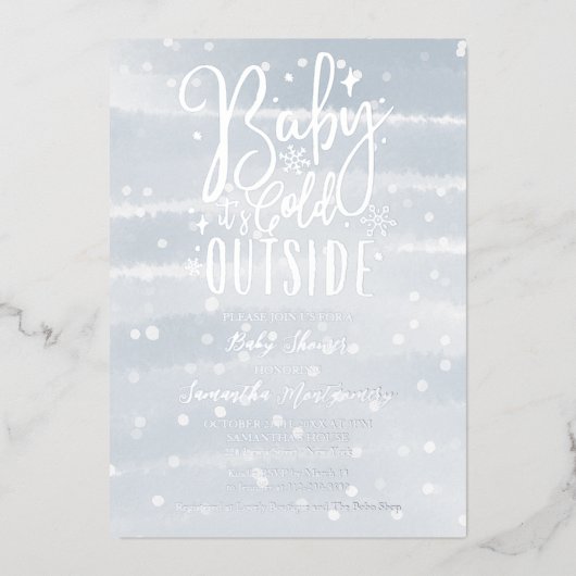 ベビー冬の男の子の赤ちゃんシャワー外が寒い 箔招待状 (正面)