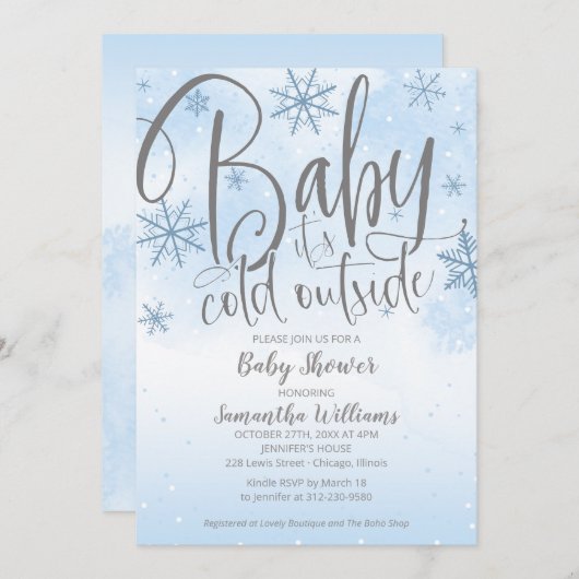 ベビー冬の男の子の赤ちゃんシャワーInvi外が寒い 招待状 (正面/裏面)