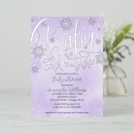ベビー冬の紫の赤ちゃんシャワー外は寒い 箔招待状 (立ち正面)