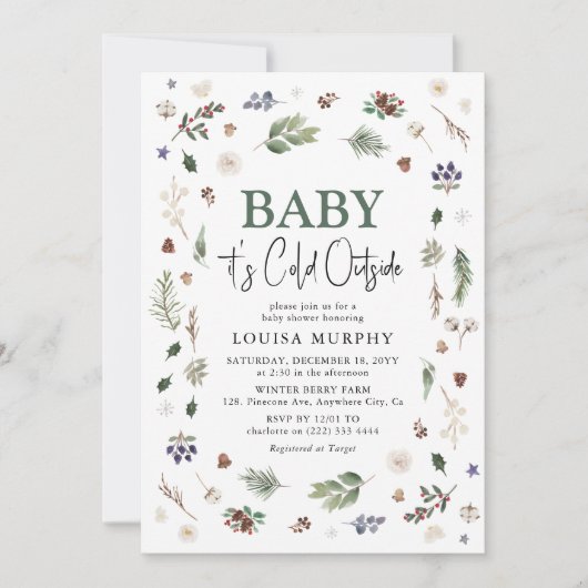ベビー冬の葉の外は寒い赤ちゃんシャワー 招待状 (正面)