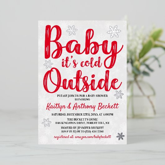 ベビー冬の赤ちゃんシャワー外は冷実在たい 箔招待状 (立ち正面)