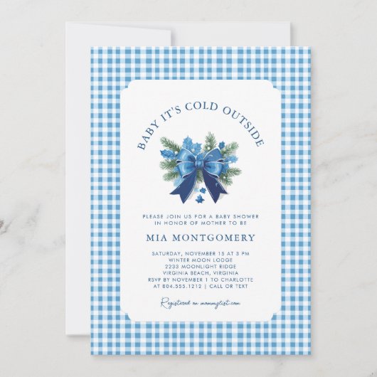 ベビー冬の赤ちゃんシャワー外は寒い – 青 招待状 (正面)