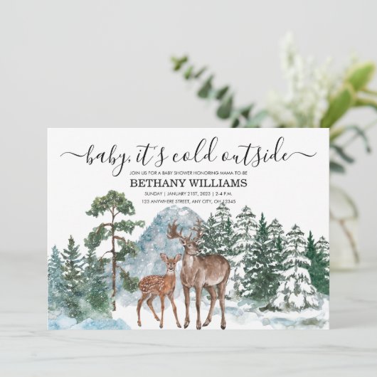 ベビー冬の赤ちゃんシャワー雪の外は寒い 招待状 (スタンド正面)