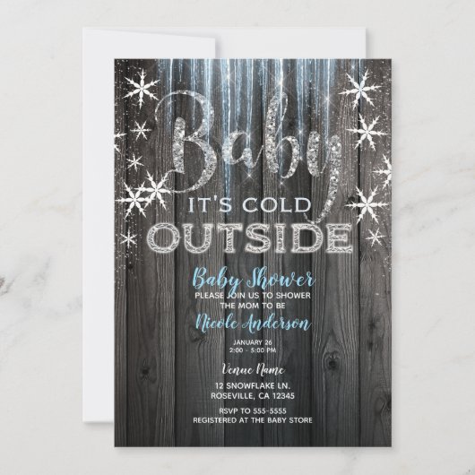 ベビー冬の赤ちゃん素朴シャワー外は寒い 招待状 (正面)