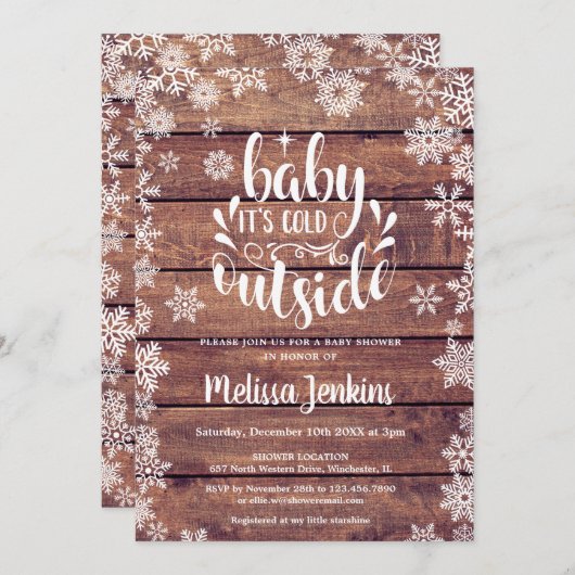 ベビー冬の赤ちゃん素朴シャワー外は寒い 招待状 (正面/裏面)