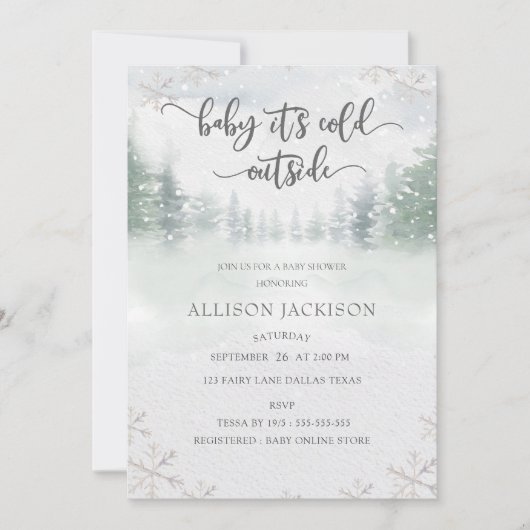 ベビー冬の雪の外で寒いベビーシャワー 招待状 (正面)