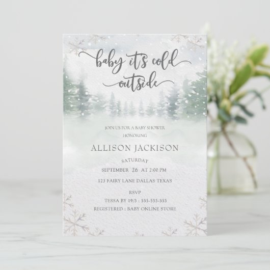 ベビー冬の雪の外で寒いベビーシャワー 招待状 (スタンド正面)