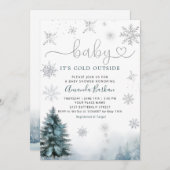 ベビー冬の雪の外で寒いベビーシャワー 招待状 (正面/裏面)