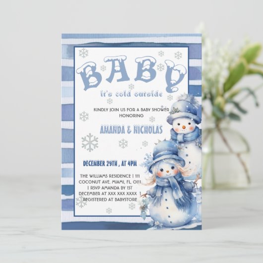 ベビー冬の青い赤ちゃんシャワー外は寒い 招待状 (スタンド正面)