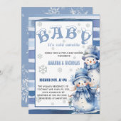 ベビー冬の青い赤ちゃんシャワー外は寒い 招待状 (正面/裏面)